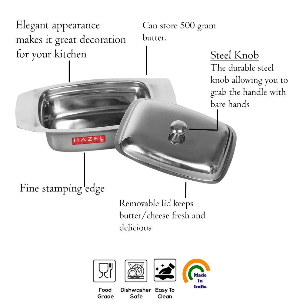 HAZEL Stainless Steel Butter Box with Lid | Butter Dish with Cover for Storing 500 gram Butter