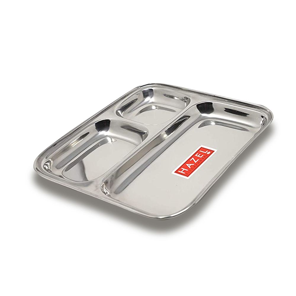 HAZEL Stainless Steel Compartment Plate |Pav Bhaji Plates for Restaurant | 3 in 1 Mess Plate Steel | Steel Bhojan Thali for Event, Party| 25 cm