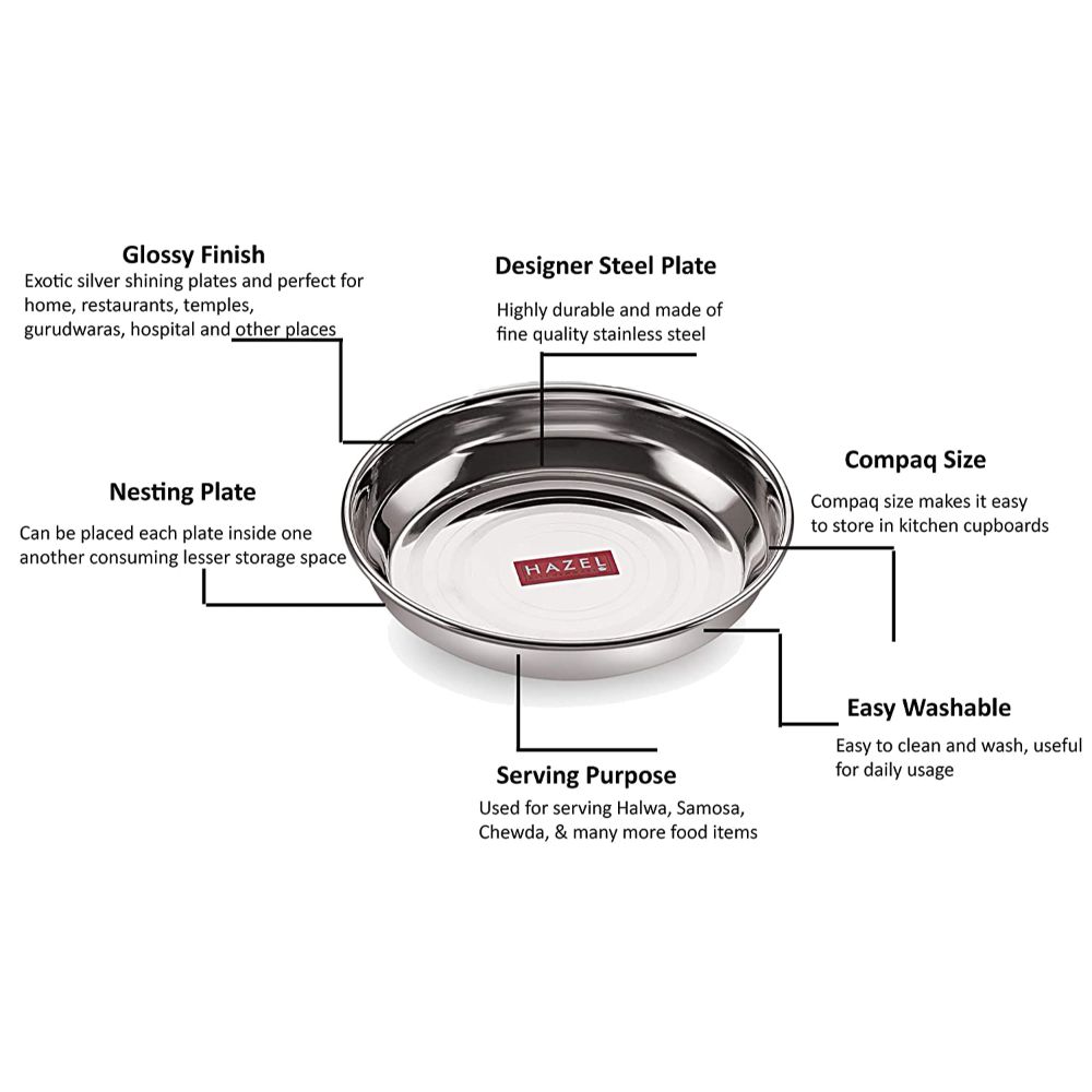HAZEL Stainless Steel Snack Plates for Serving | Quarter Snacks Serving Set of 6 with Mirror Finish