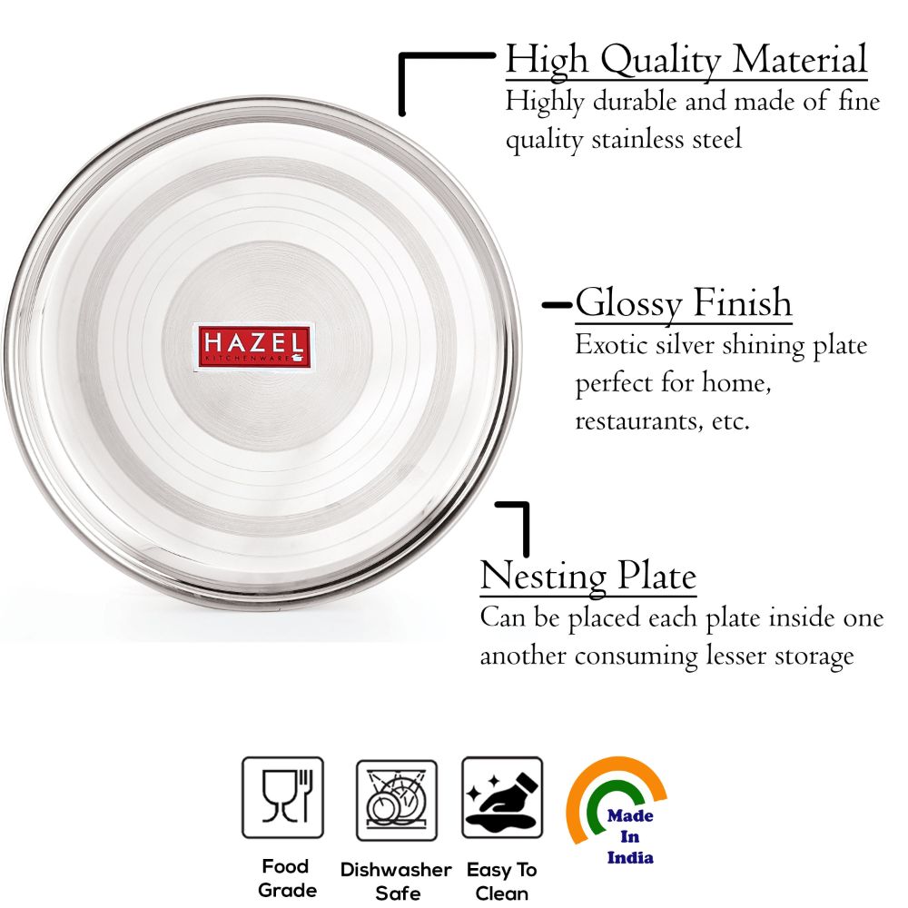 HAZEL Stainless Steel Plate Set For Dinner Launch | Designer Steel Thali Set |Steel Dinnerware, 28.5 cm, Medium