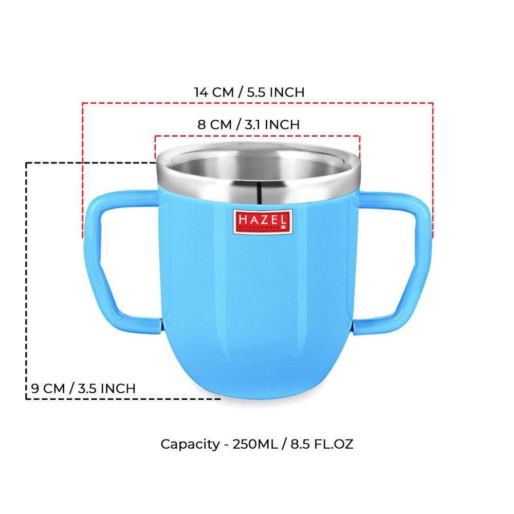 HAZEL Stainless Steel Double Handle Baby Mug, 250 ML, Blue