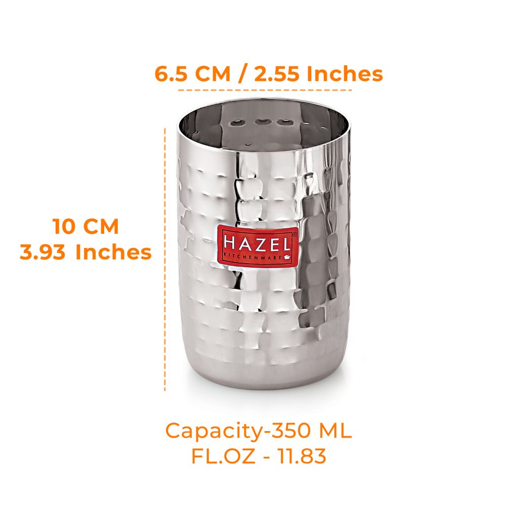 HAZEL Stainless Steel Glasses Set of 1 for Water & Juice | Hammered Finish Design Unbreakable Glass Set with Glossy Finish Design & Dishwasher Safe, 350 ML