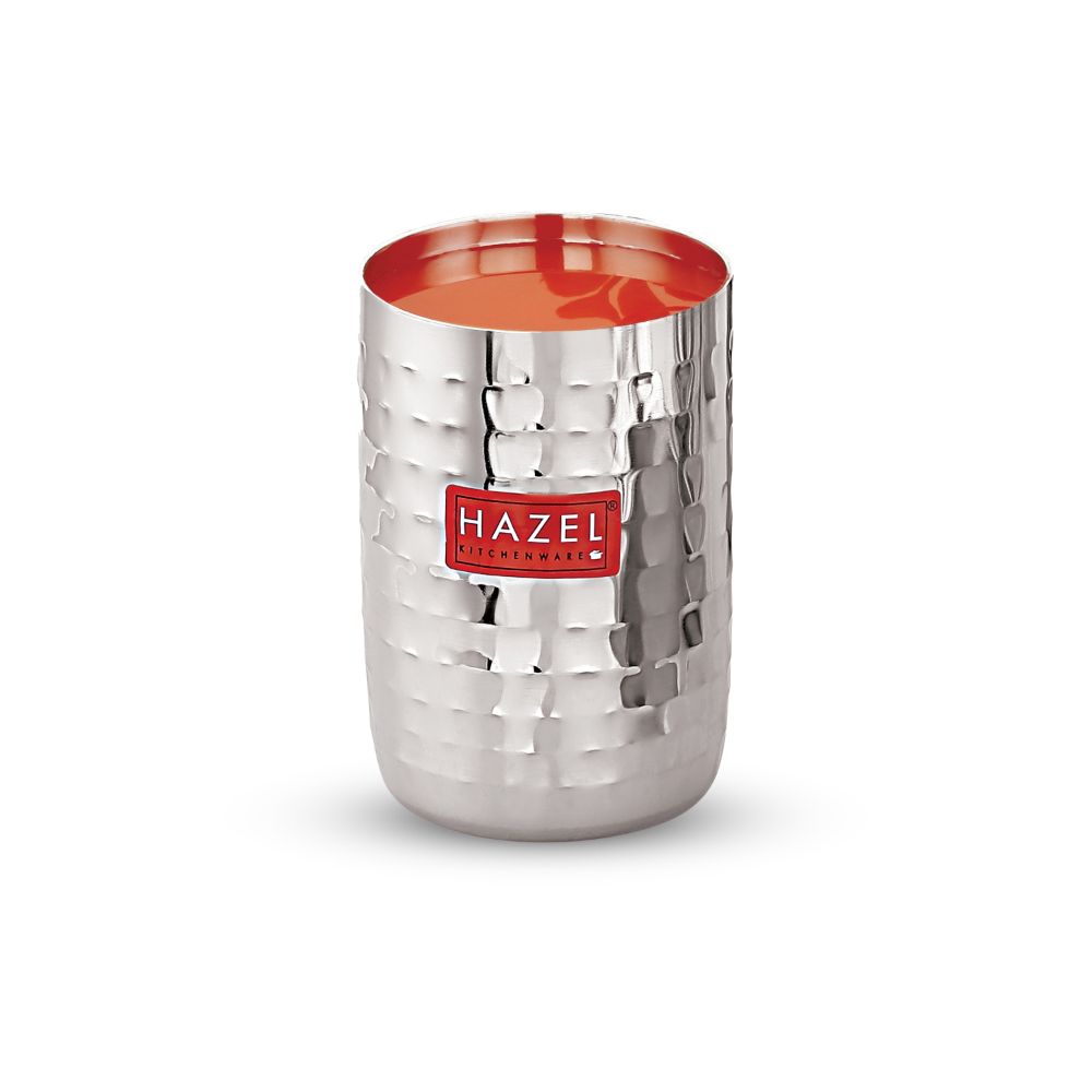 HAZEL Stainless Steel Glasses Set of 1 for Water & Juice | Hammered Finish Design Unbreakable Glass Set with Glossy Finish Design & Dishwasher Safe, 350 ML