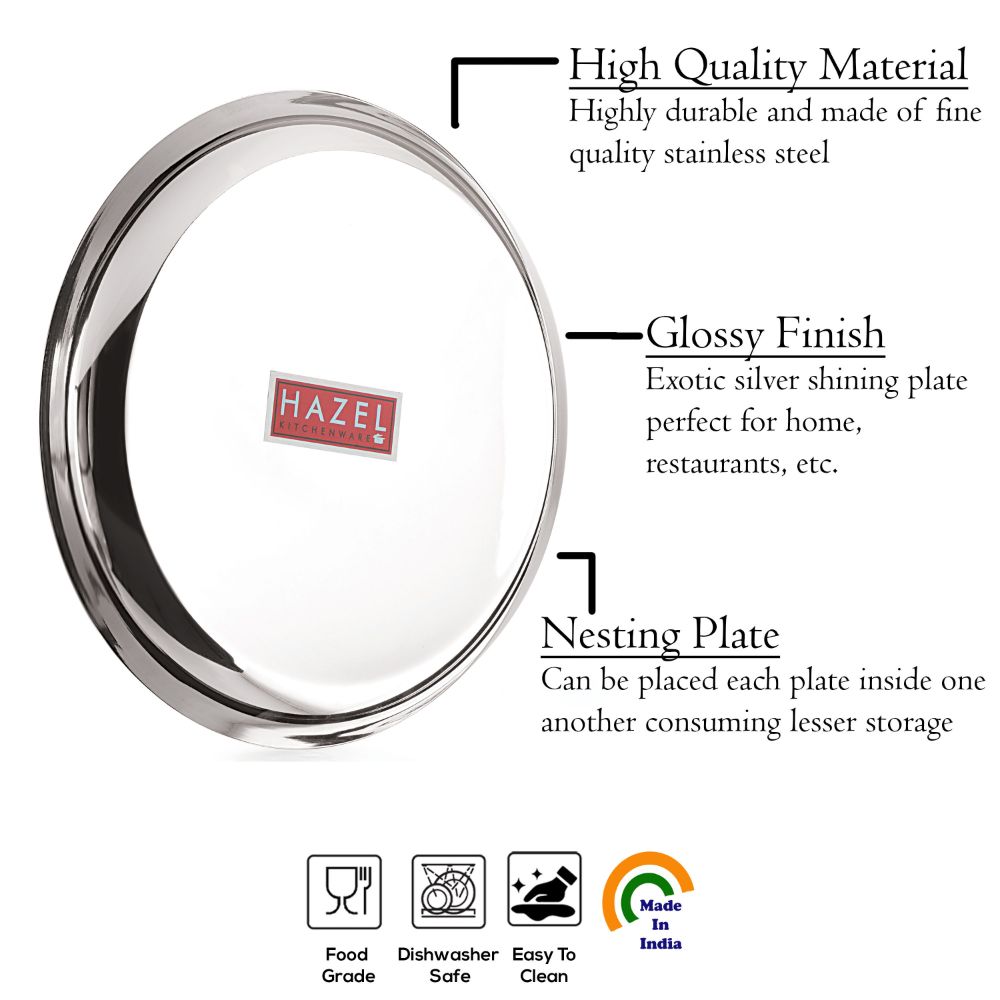 HAZEL Steel Plates For Lunch |Plates Set Steel For Dinner | Steel Plates Set, 25 cm