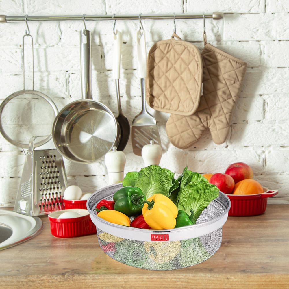HAZEL Stainless Steel Strainer Basket Without Handle | Steel Fruits Basket | Vegetable Basket for Kitchen | Washer Colander Sieve For Kitchen | 21.5 cm