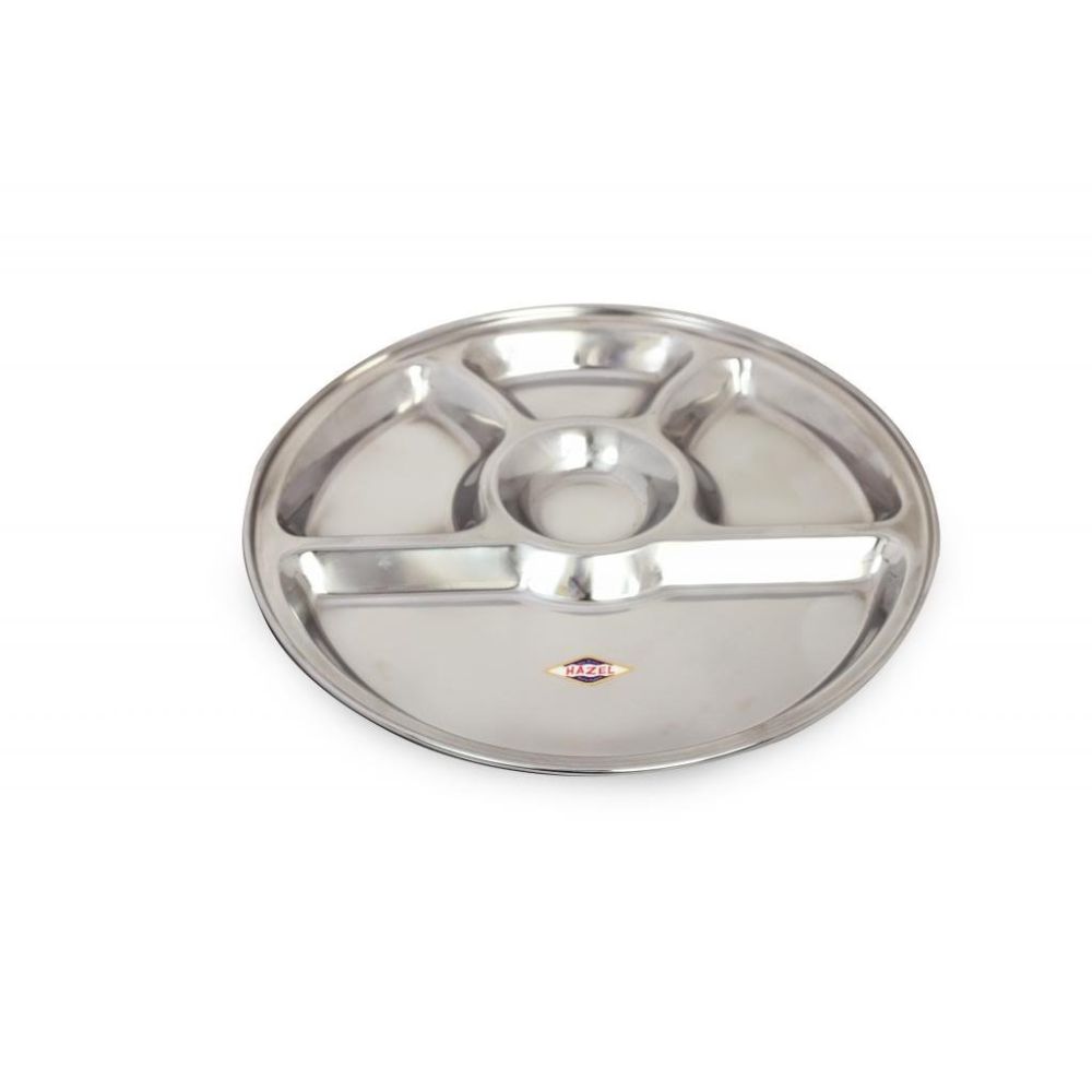 HAZEL Stainless Steel Round Dinner Plate With 5 Compartment Mess Plate Lunch Dish, 1 Pc