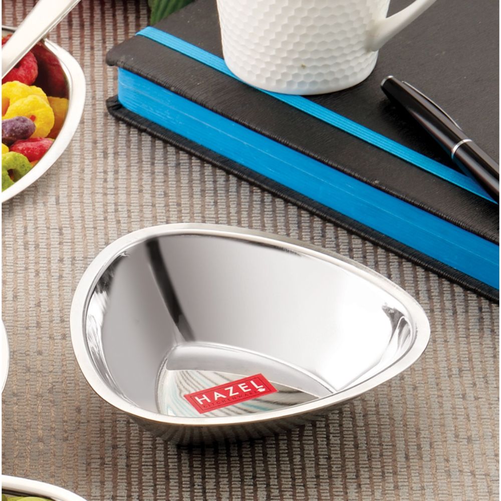 HAZEL Stainless Steel Serving Bowl| Triangular Shaped Vati Katori | Fancy Serving Bowls For Snacks , Capacity 250ml, Silver