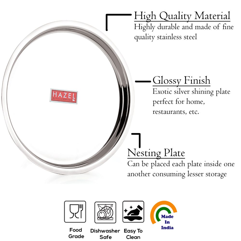 HAZEL Stainless Steel Plates Set | Premium Mirror Finish Thali Set Stainless Steel | Heavy Gauge Steel Plates Set For Dinner & Lunch Set of 1, 23 cm