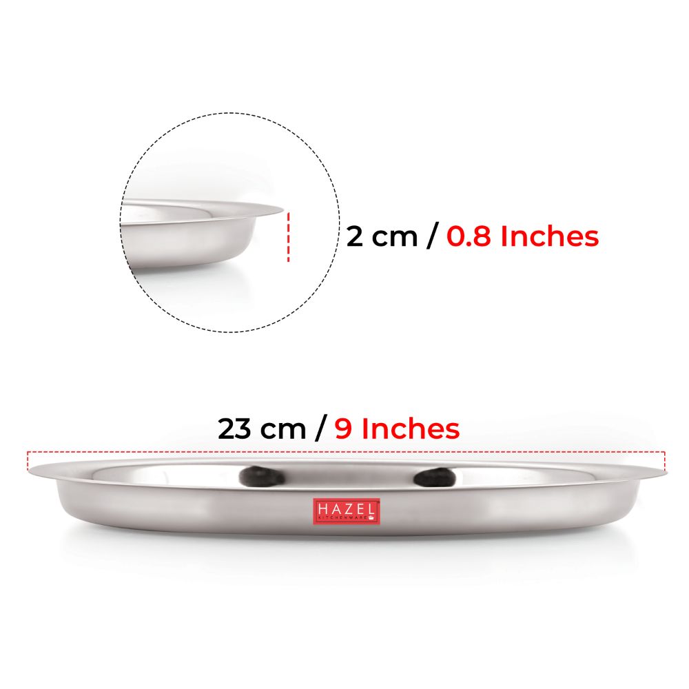 HAZEL Stainless Steel Plates Set | Premium Mirror Finish Thali Set Stainless Steel | Heavy Gauge Steel Plates Set For Dinner & Lunch Set of 1, 23 cm