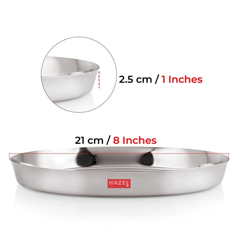 HAZEL Stainless Steel Plates Set | Premium Mirror Finish Thali Set Stainless Steel | Heavy Gauge Steel Plates Set For Dinner & Lunch Set of 1, 21 cm