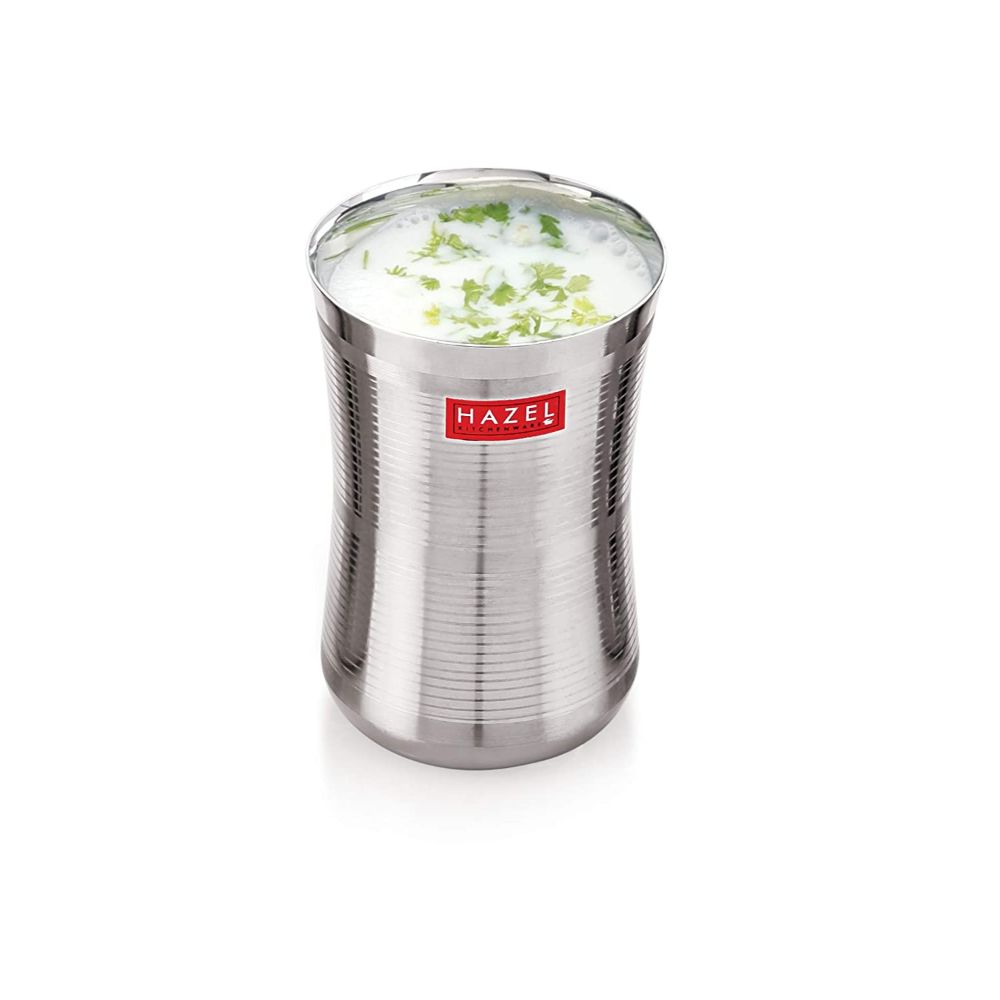 HAZEL Stainless Steel Damru Shape Jumbo Water Lassi Glass, 650 ML