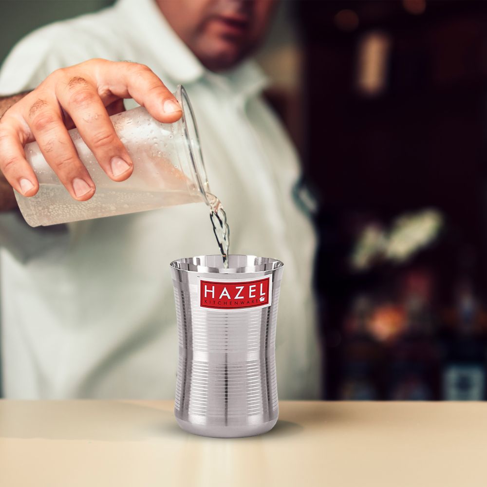 HAZEL Stainless Steel Damru Shape Jumbo Water Lassi Glass, 650 ML