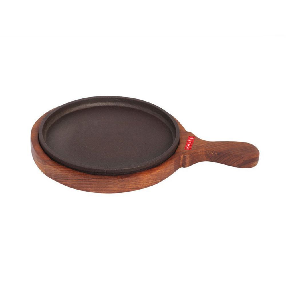 HAZEL Sizzling Brownie Sizzler Plate with Wodden Racket & Iron Plate Round, 31 cm, 2 piece set, Brown & black