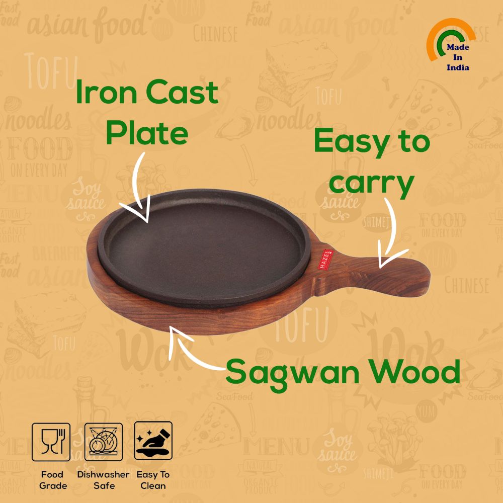 HAZEL Sizzling Brownie Sizzler Plate with Wodden Racket & Iron Plate Round, 31 cm, 2 piece set, Brown & black