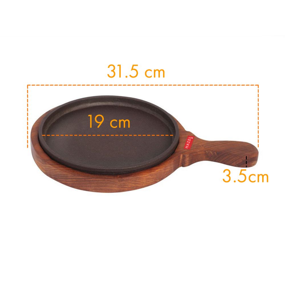 HAZEL Sizzling Brownie Sizzler Plate with Wodden Racket & Iron Plate Round, 31 cm, 2 piece set, Brown & black