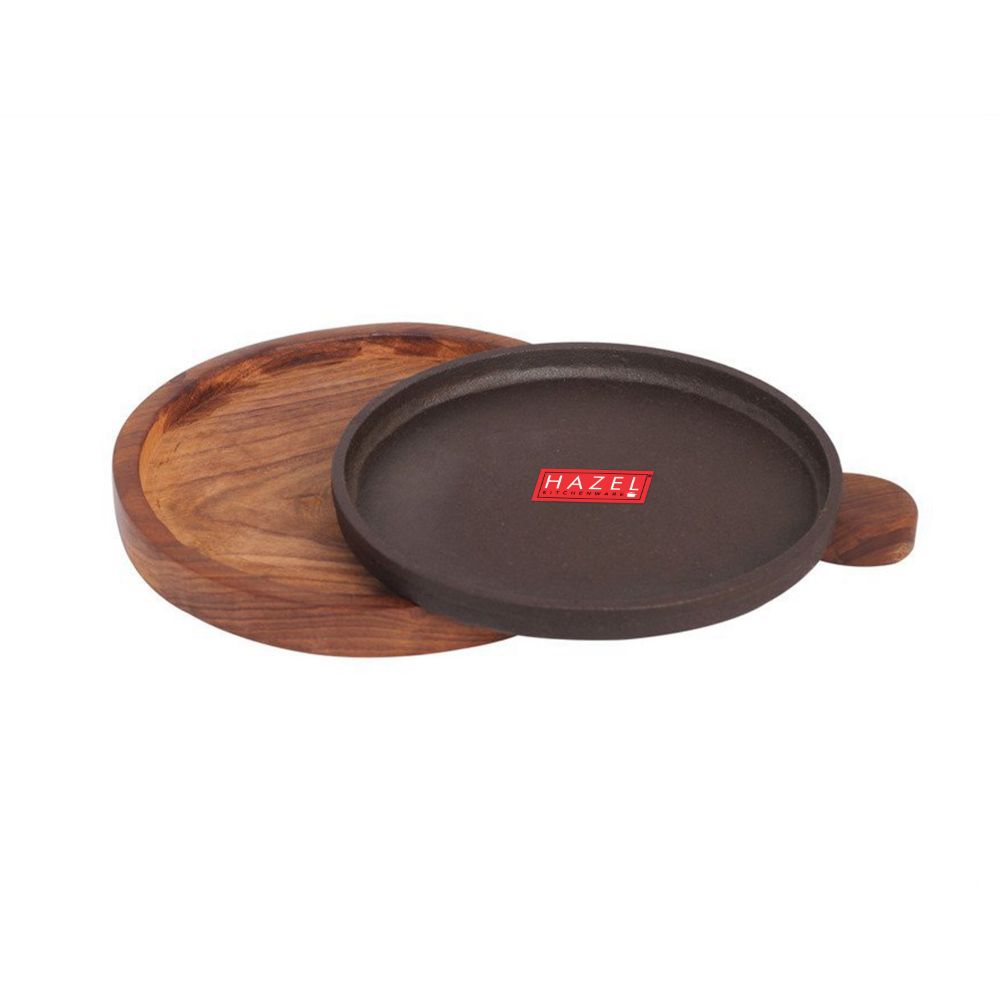 HAZEL Sizzling Brownie Sizzler Plate with Wodden Racket & Iron Plate Round, 31 cm, 2 piece set, Brown & black