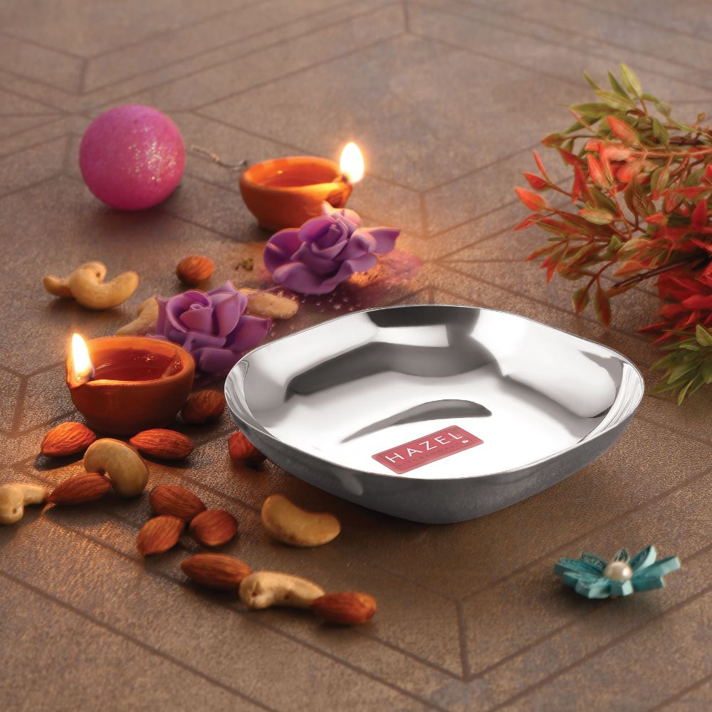 HAZEL Steel Dessert Silver Plate |Square Shaped Steel Plate for Snacks, Breakfast | Stainless Steel Katori | 260 ml each, Silver