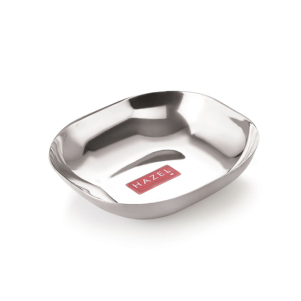 HAZEL Steel Dessert Silver Plate |Square Shaped Steel Plate for Snacks, Breakfast | Stainless Steel Katori | 400 ml each, Silver
