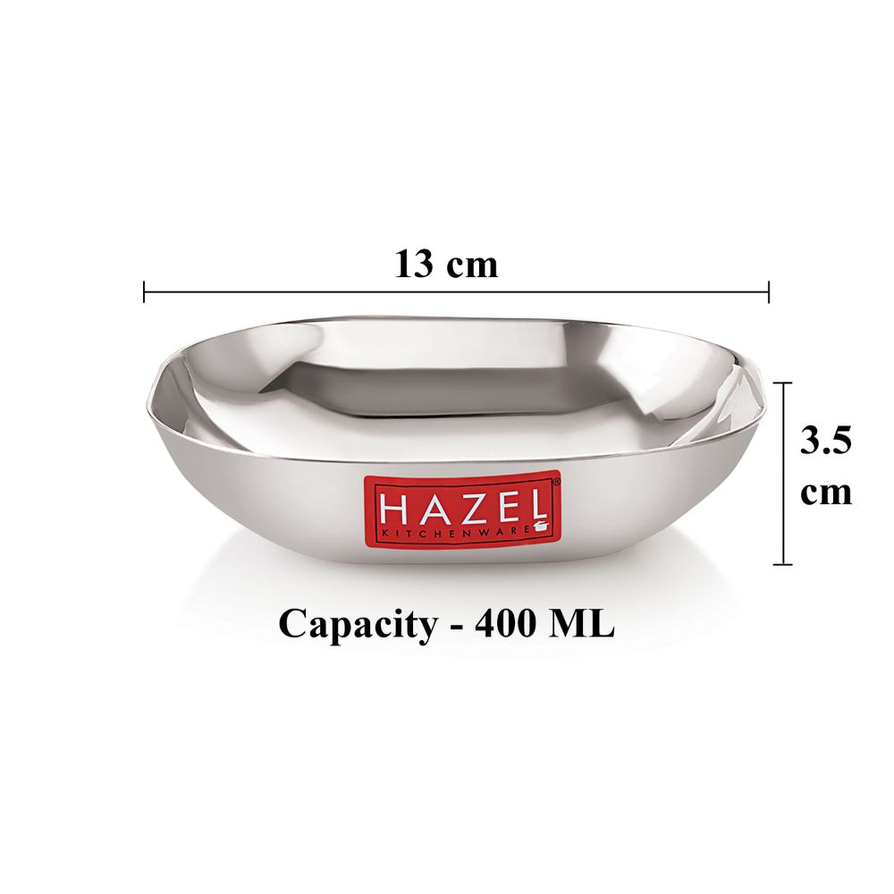 HAZEL Steel Dessert Silver Plate |Square Shaped Steel Plate for Snacks, Breakfast | Stainless Steel Katori | 400 ml each, Silver