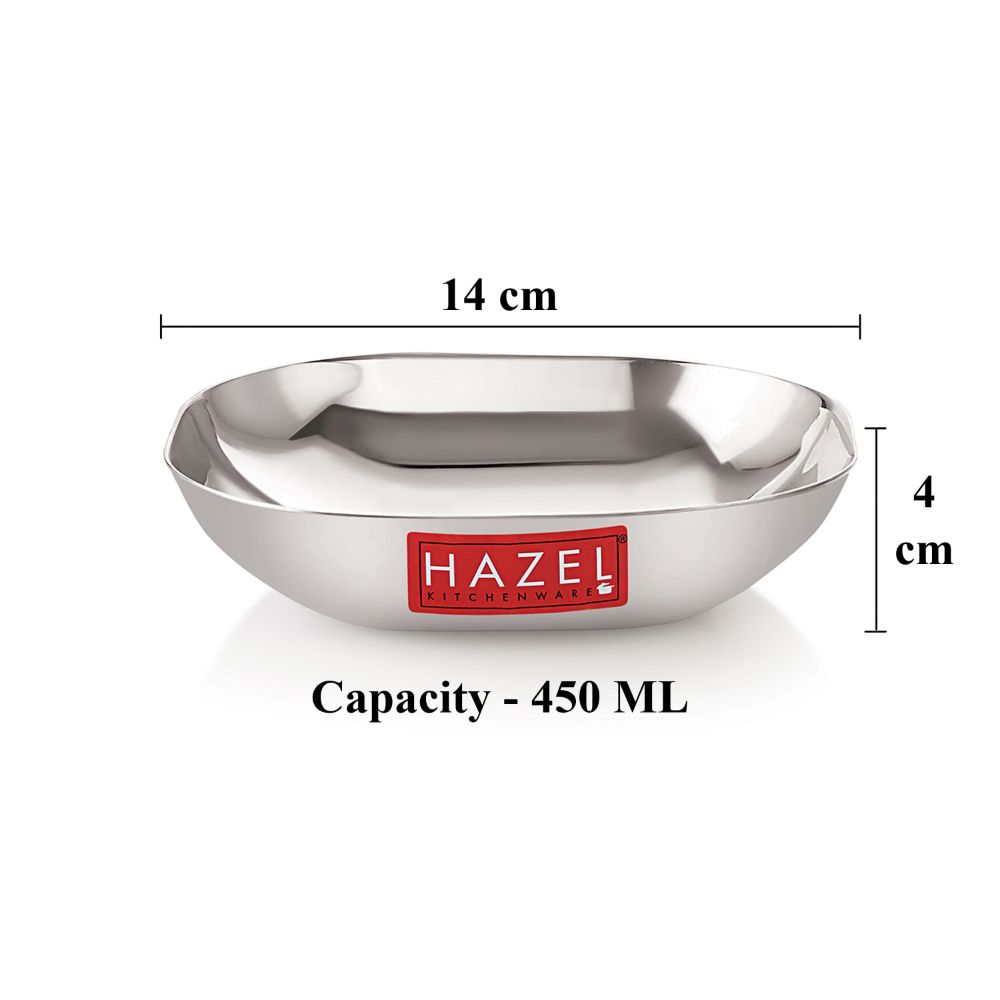 HAZEL Steel Dessert Silver Plate |Square Shaped Steel Plate for Snacks, Breakfast | Stainless Steel Katori | 450 ml each, Silver