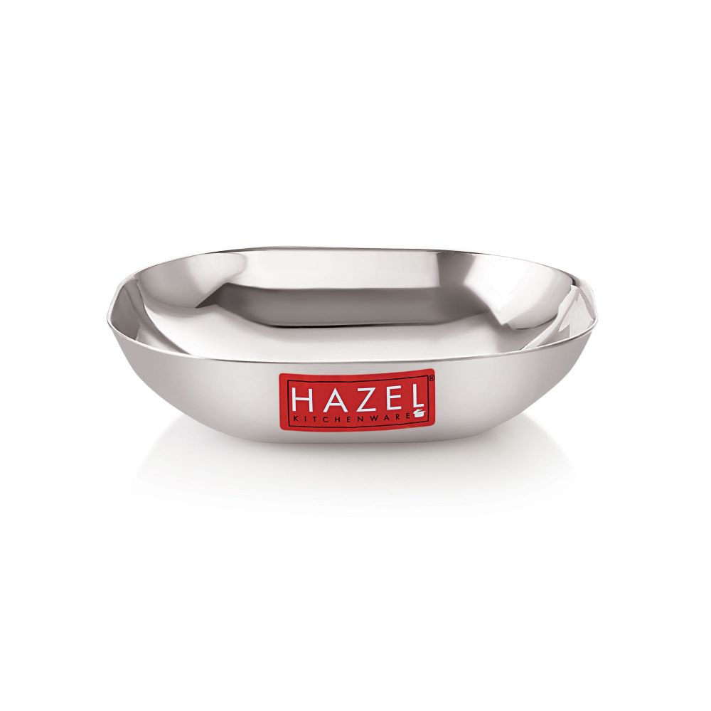 HAZEL Steel Dessert Silver Plate |Square Shaped Steel Plate for Snacks, Breakfast | Stainless Steel Katori | 450 ml each, Silver