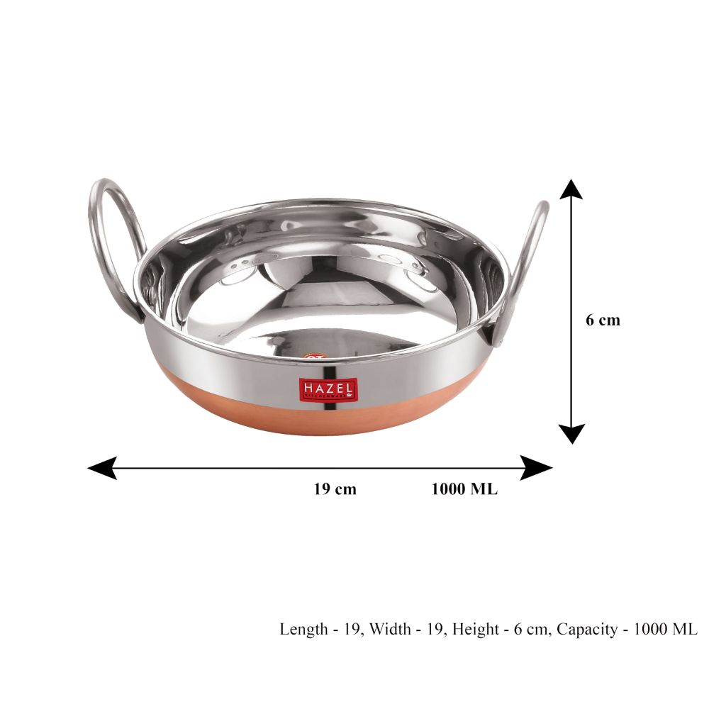 HAZEL Stainless Steel Kadai with Copper Bottom | Premium Heavy Gauge Steel Kadai | Alfa Range Kadhai Steel Stainless | 1 Liter, Silver and Coppper