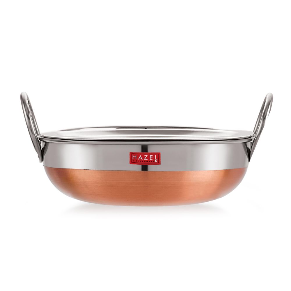 HAZEL Stainless Steel Kadai with Lid | Copper Bottom Utensil, Capacity of 1Ltr I 18 Gauge Vessel, Silver & Copper I Ideal for Daily Use