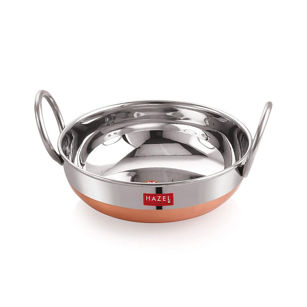 HAZEL Stainless Steel Kadai with Copper Bottom | Premium Heavy Gauge Steel Kadai | Alfa Range Kadhai Steel Stainless | 1.8 Liter, Silver and Copper