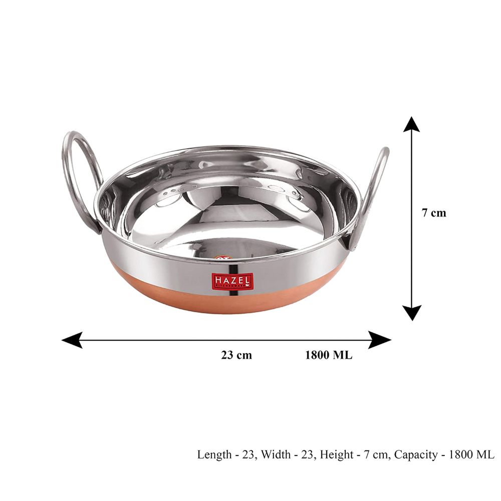 HAZEL Stainless Steel Kadai with Copper Bottom | Premium Heavy Gauge Steel Kadai | Alfa Range Kadhai Steel Stainless | 1.8 Liter, Silver and Copper