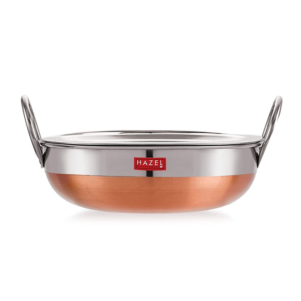 HAZEL Stainless Steel Kadai with Copper Bottom | Premium Heavy Gauge Steel Kadai | Alfa Range Kadhai Steel Stainless | 1.8 Liter, Silver and Copper
