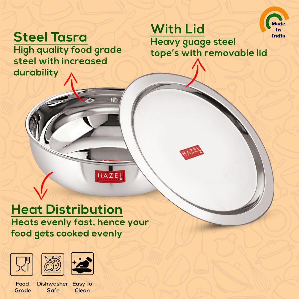 HAZEL Alfa 18 Gauge Premium Stainless Steel Kadai Tasra with Lid, 1500 ml, Silver