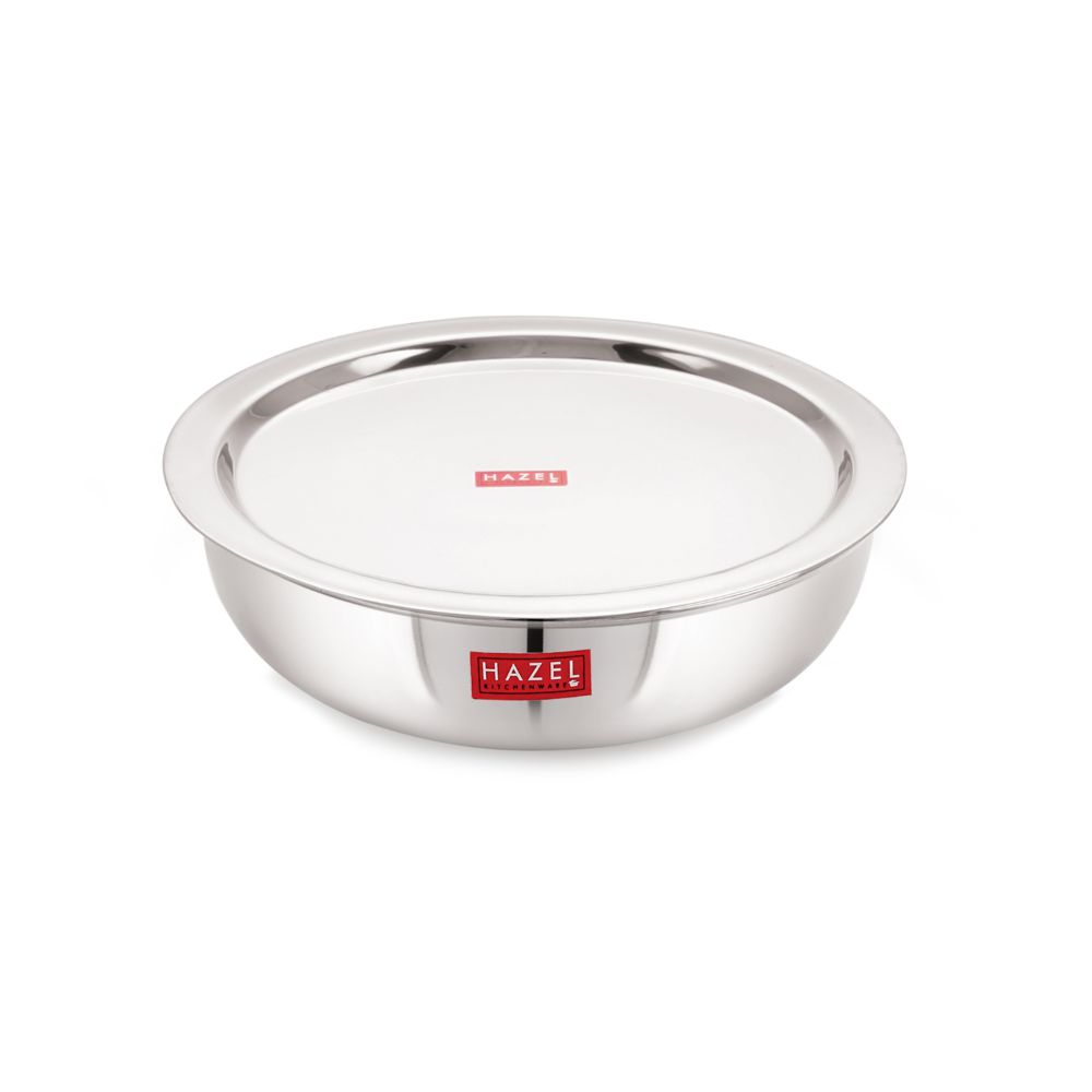 HAZEL Alfa 18 Gauge Premium Stainless Steel Tasra Kadhai with Lid, 1800 ml, Silver