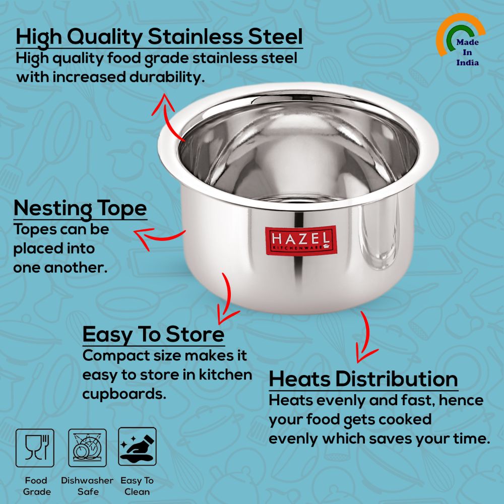 HAZEL Alfa Stainless Steel Flat Tope Without Lid, Set of 3, 300, 500 & 700 ml, Silver