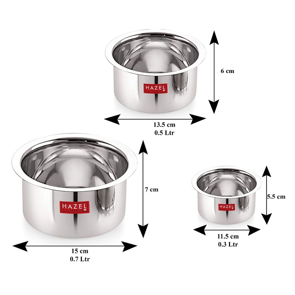 HAZEL Alfa Stainless Steel Flat Tope Without Lid, Set of 3, 300, 500 & 700 ml, Silver