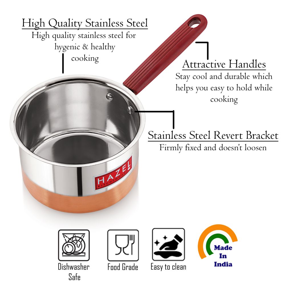 Hazel Alfa Premium Heavy Gauge Stainless Steel Flat Patila Sauce Pan Cookware with Copper Bottom (1.1 LTR), Silver & Copper