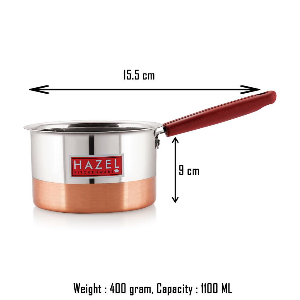 Hazel Alfa Premium Heavy Gauge Stainless Steel Flat Patila Sauce Pan Cookware with Copper Bottom (1.1 LTR), Silver & Copper