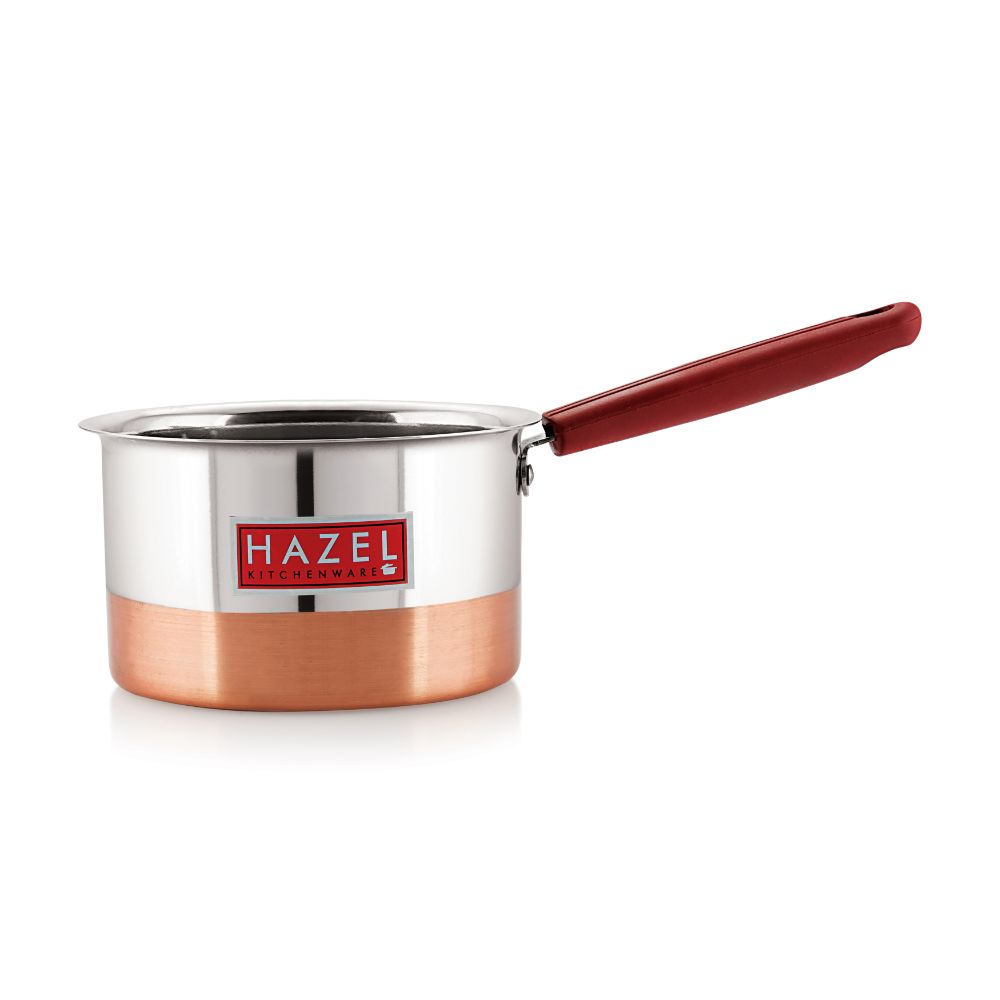 Hazel Alfa Premium Heavy Gauge Stainless Steel Flat Patila Sauce Pan Cookware with Copper Bottom (1.1 LTR), Silver & Copper