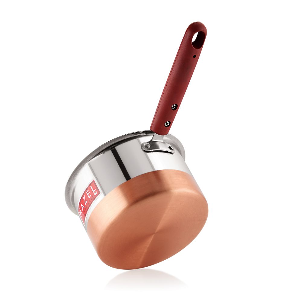 Hazel Alfa Premium Heavy Gauge Stainless Steel Flat Patila Sauce Pan Cookware with Copper Bottom (1.1 LTR), Silver & Copper