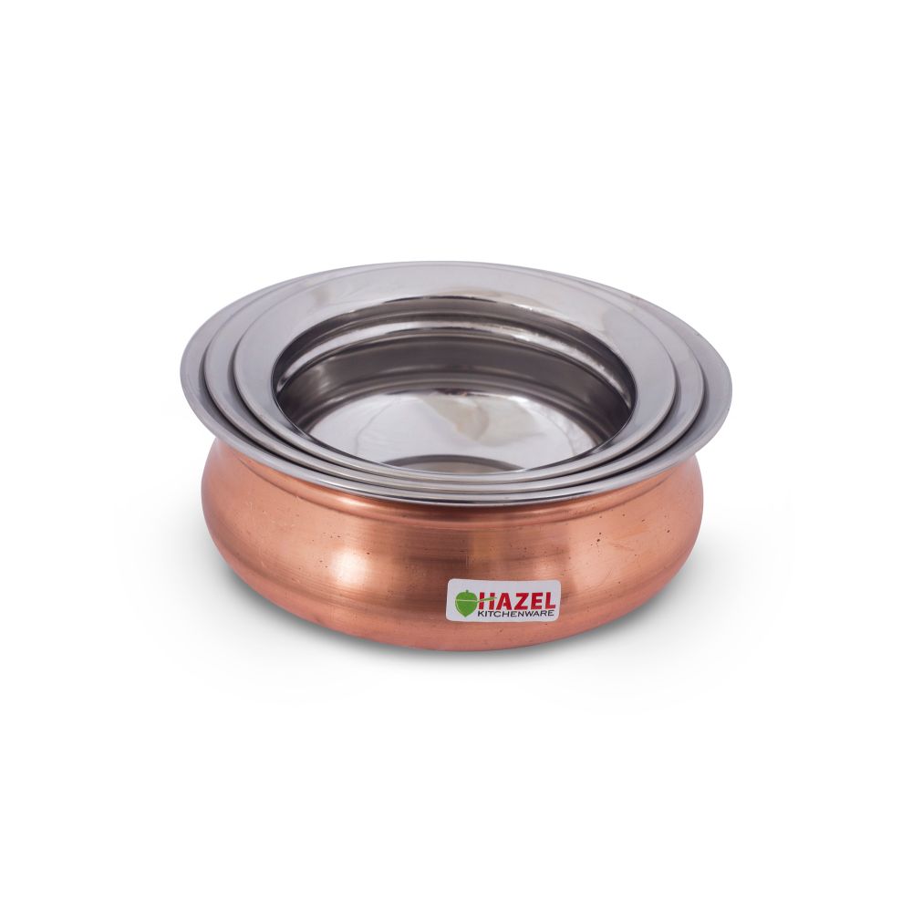Hazel Stainless Steel Copper Mini Handis Set of 3 (400 ml, 550 ml, 770 ml), Silver & Copper