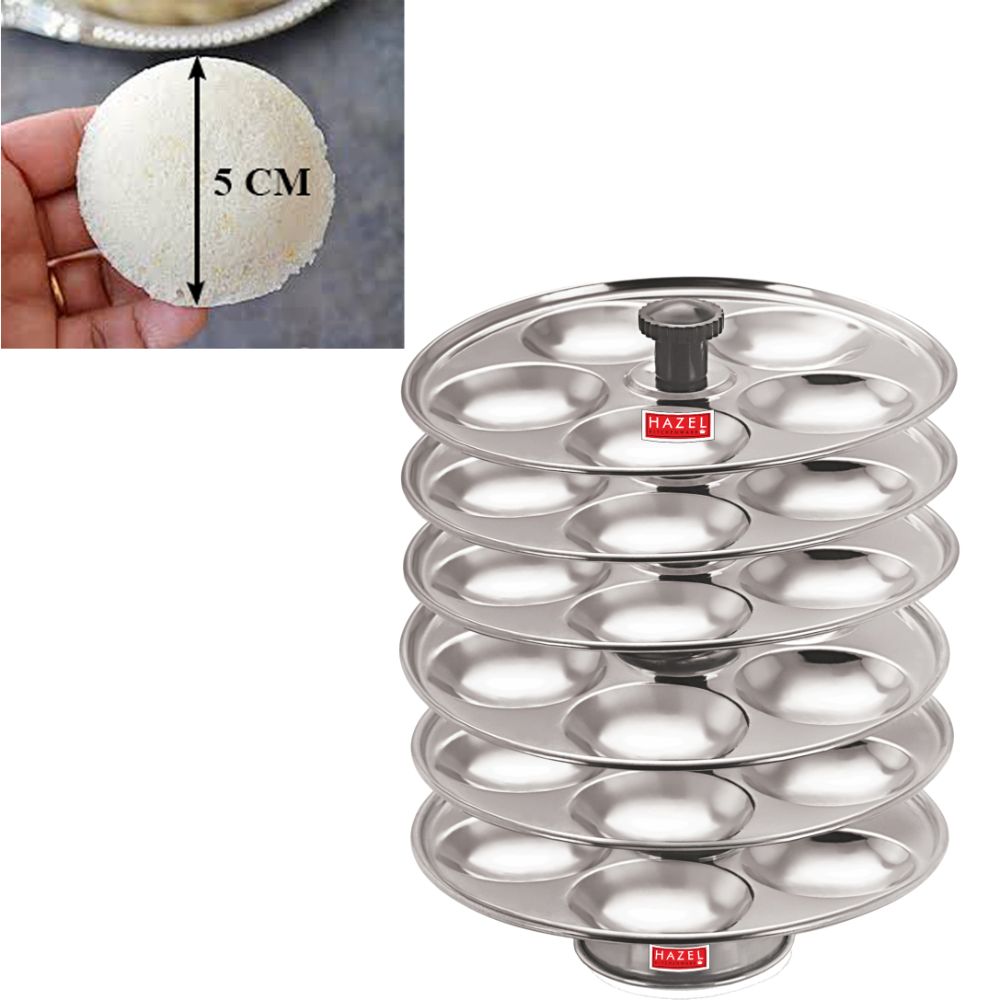HAZEL Stainless Steel Medium Idli Plate with Stand, 6-Rack Plates, 30 Idlis, 13.5 x 13.5 x 17 cm, Silver