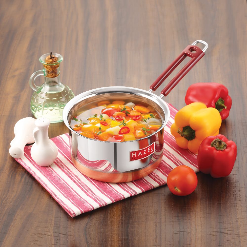 HAZEL Stainless Steel Milk Saucepan Copper Bottom Tea Pan with Fixed Rubber Grip Handle, 1900 ML, Silver