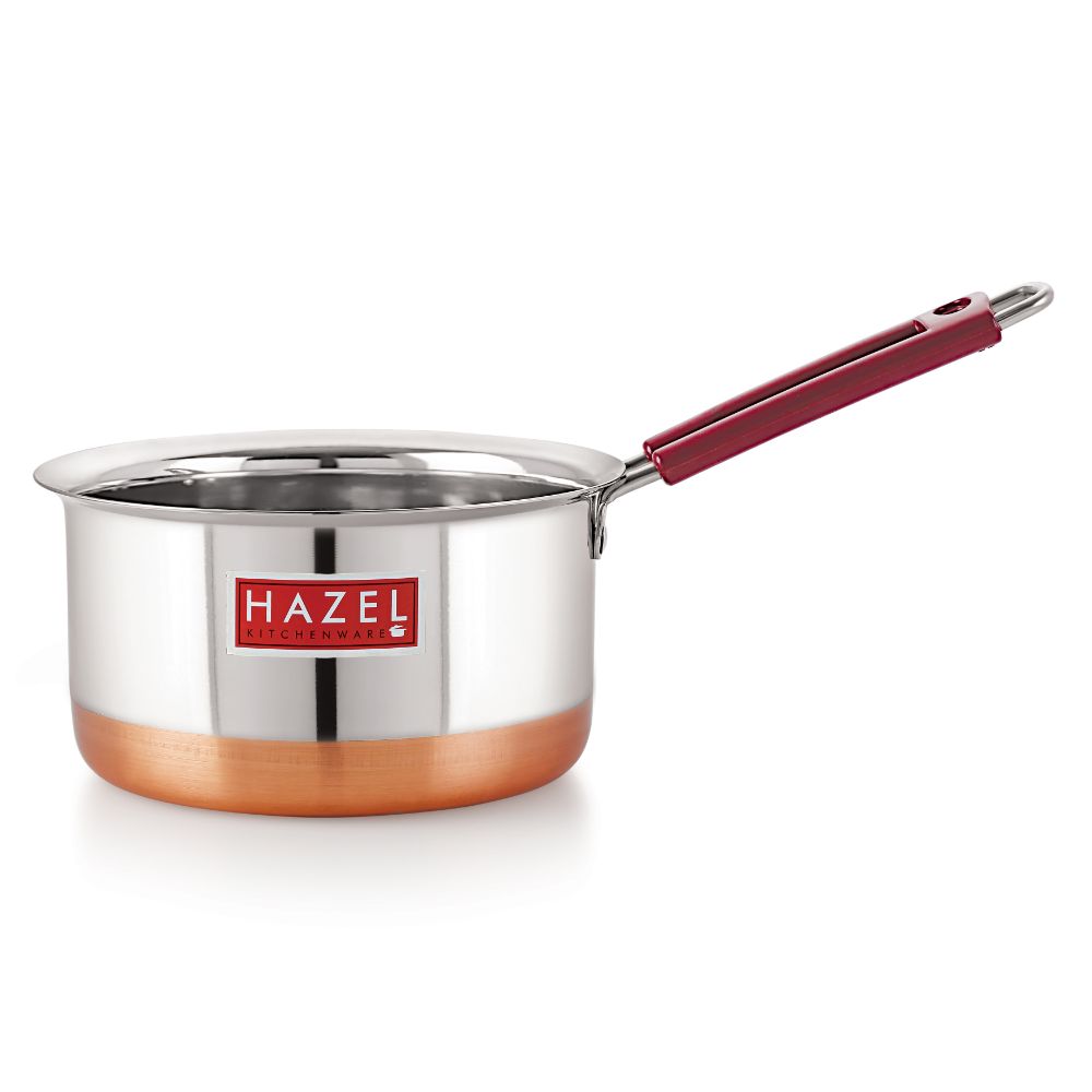 HAZEL Stainless Steel Milk Saucepan Copper Bottom Tea Pan with Fixed Rubber Grip Handle, 1900 ML, Silver