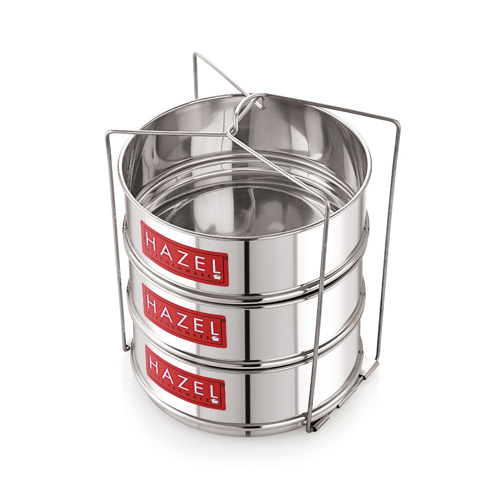 HAZEL Cooker Container with Holder | Dal Chawal Container for Cooker | Flat Cooker Dabba Separator for 8 Litre | Set of 3 Containers, Dia : 16.5 x Height : 6.5 cm