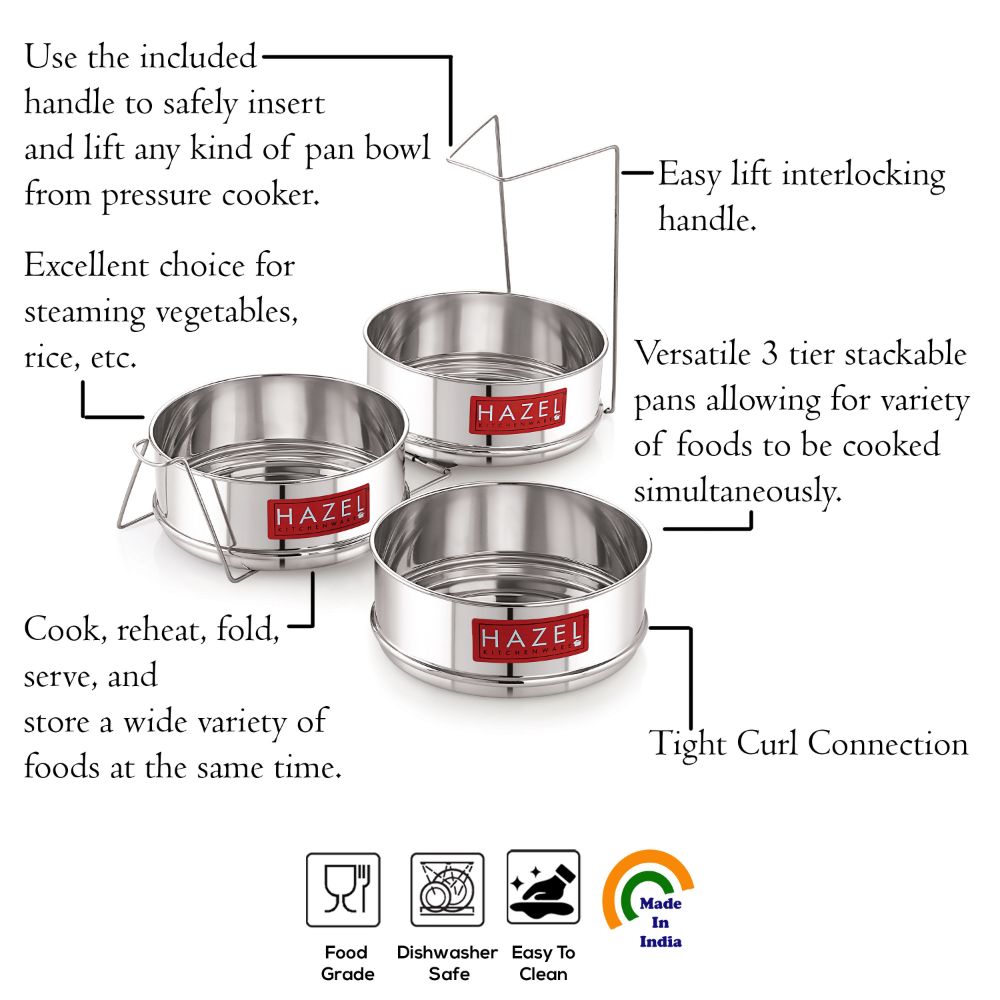 HAZEL Cooker Container with Holder | Dal Chawal Container for Cooker | Flat Cooker Dabba Separator for 8 Litre | Set of 3 Containers, Dia : 16.5 x Height : 6.5 cm