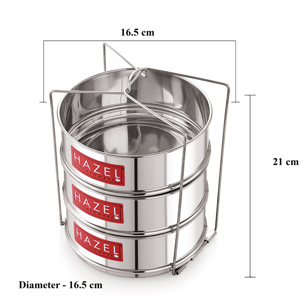 HAZEL Cooker Container with Holder | Dal Chawal Container for Cooker | Flat Cooker Dabba Separator for 8 Litre | Set of 3 Containers, Dia : 16.5 x Height : 6.5 cm