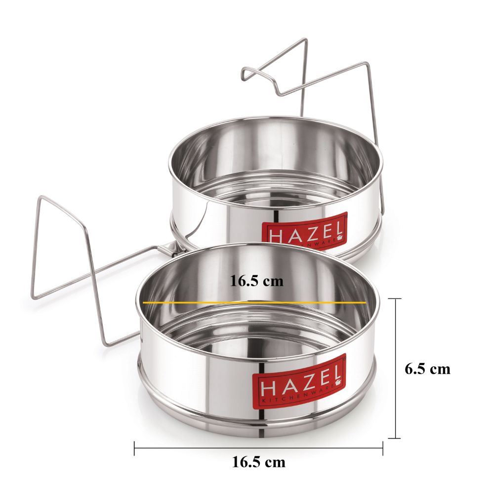 HAZEL Cooker Container with Holder | Dal Chawal Container for Cooker | Flat Cooker Dabba Separator for 8 Litre | Set of 3 Containers, Dia : 16.5 x Height : 6.5 cm
