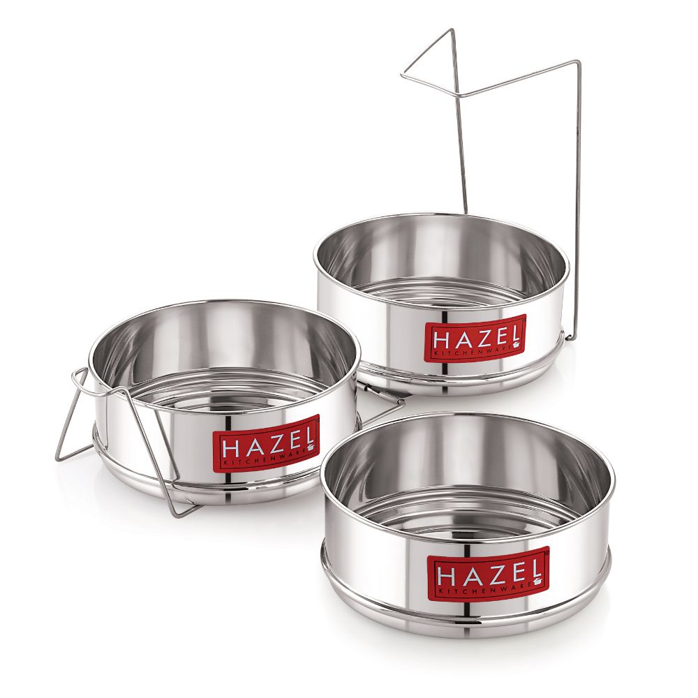 HAZEL Cooker Container with Holder | Dal Chawal Container for Cooker | Flat Cooker Dabba Separator for 8 Litre | Set of 3 Containers, Dia : 16.5 x Height : 6.5 cm
