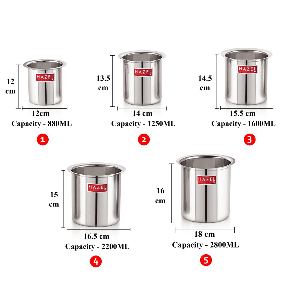HAZEL Steel Milk Pot Set of 5 | Stainless Steel Milk Boiler Container | Milk Boiling Vessel Gunj for Kitchen, 5 Pc Set, 0.8 litres to 2.8 litres