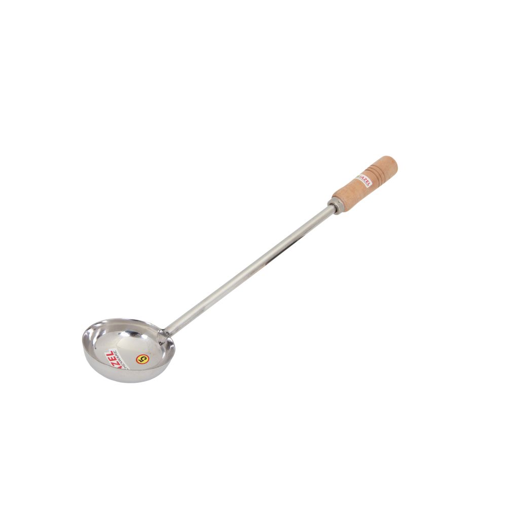 HAZEL Steel Tadka Pan with Long Wooden Handle, 46 cm, 150 ml, Silver