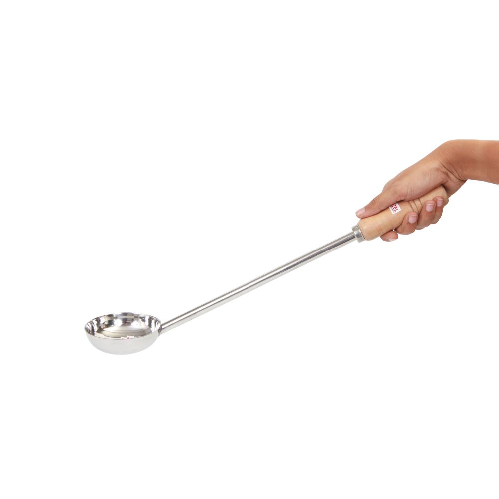 HAZEL Steel Tadka Pan with Long Wooden Handle, 46 cm, 150 ml, Silver